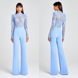Nadine Merabi Maddie Blue Jumpsuit Lace Long Sleeve Wide Leg - Size XL / 12